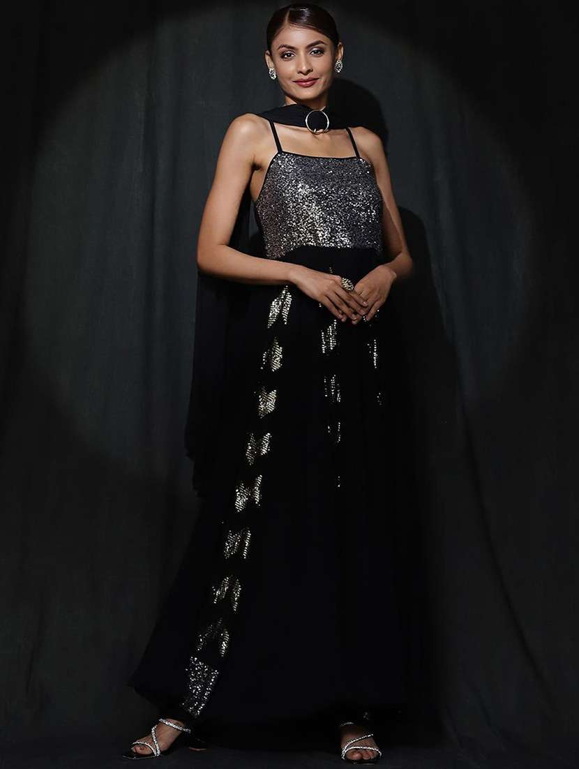 women embroidered shoulder strap kurta dupatta set