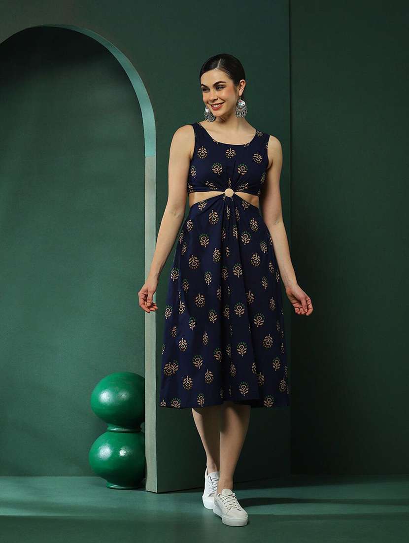 women printed sleeveless a-line dress