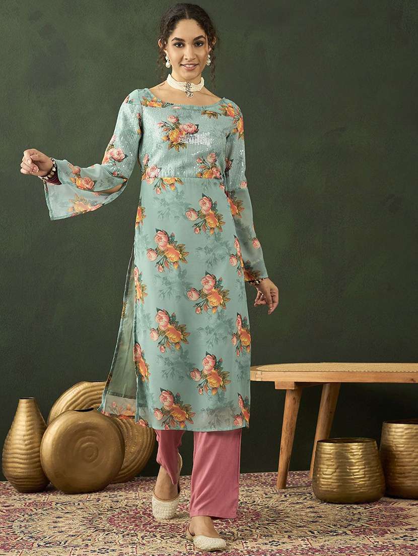 women printed long sleeves straight kurta