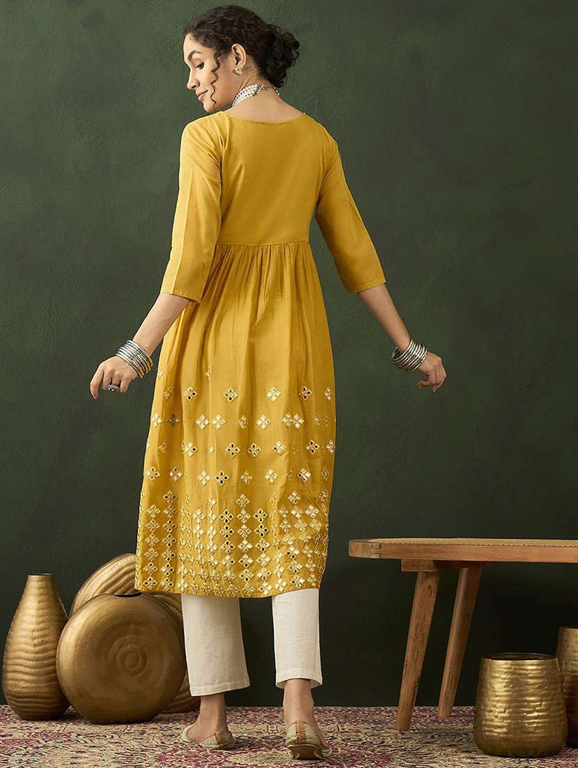 women solid with work three quarter sleeve anarkali kurta - 22579181 -  Standard Image - 4