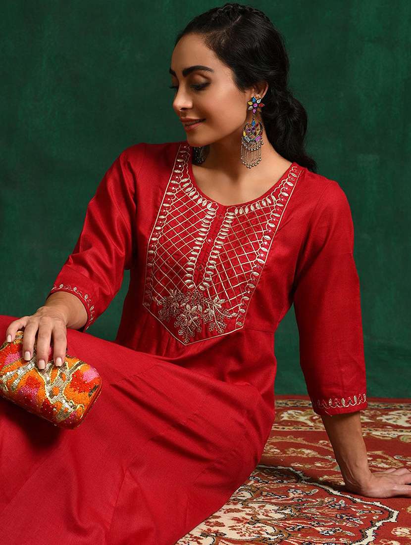 women solid with work three quarter sleeve anarkali kurta - 22579182 -  Standard Image - 1