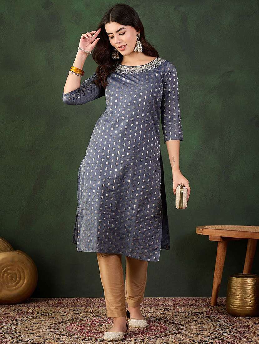 women self design three quarter sleeve straight kurta - 22579183 -  Standard Image - 4