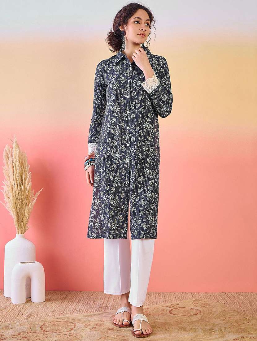 women printed long sleeve high-low kurta 