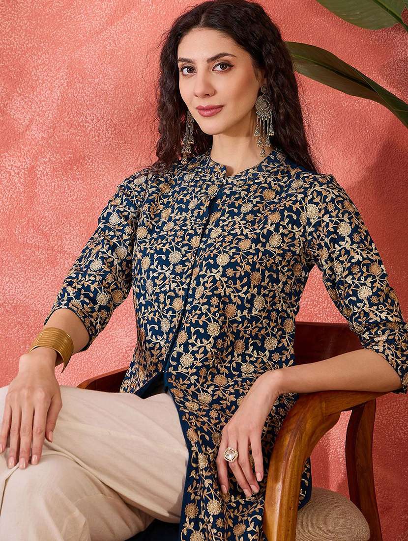 women embroidered three quarter sleeves a-line kurta - 22579188 -  Standard Image - 1