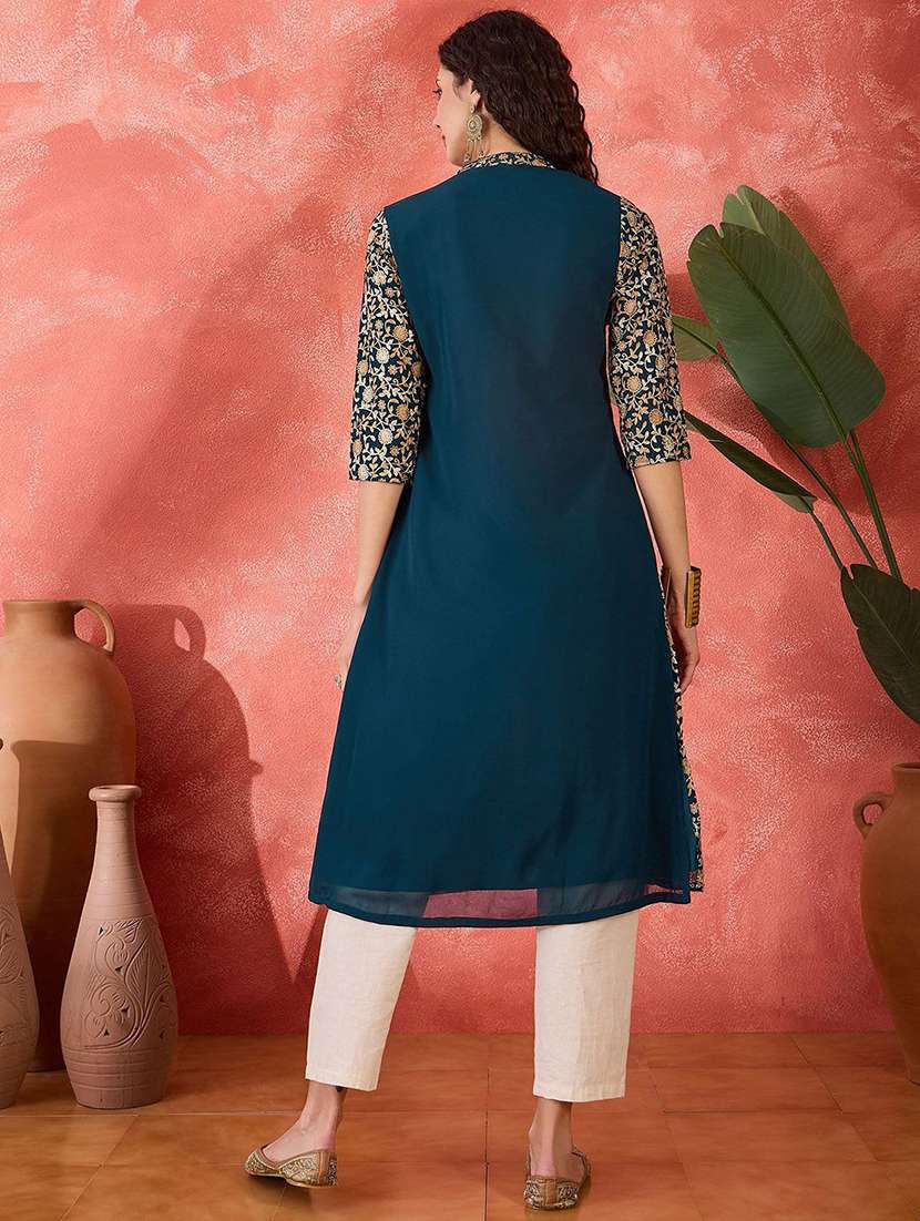 women embroidered three quarter sleeves a-line kurta - 22579188 -  Standard Image - 4