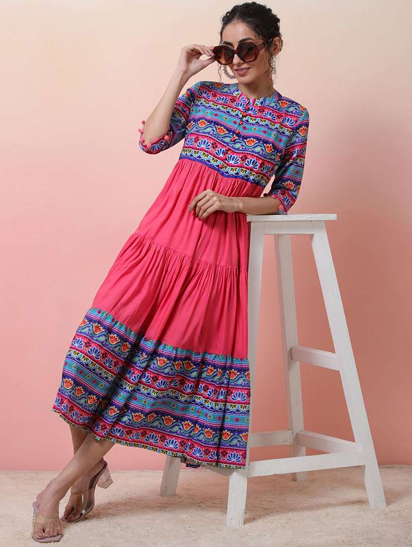 women printed three quarter sleeve ethnic dress - 22579210 -  Standard Image - 4