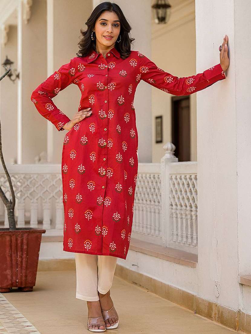 women printed long sleeve high-low kurta 