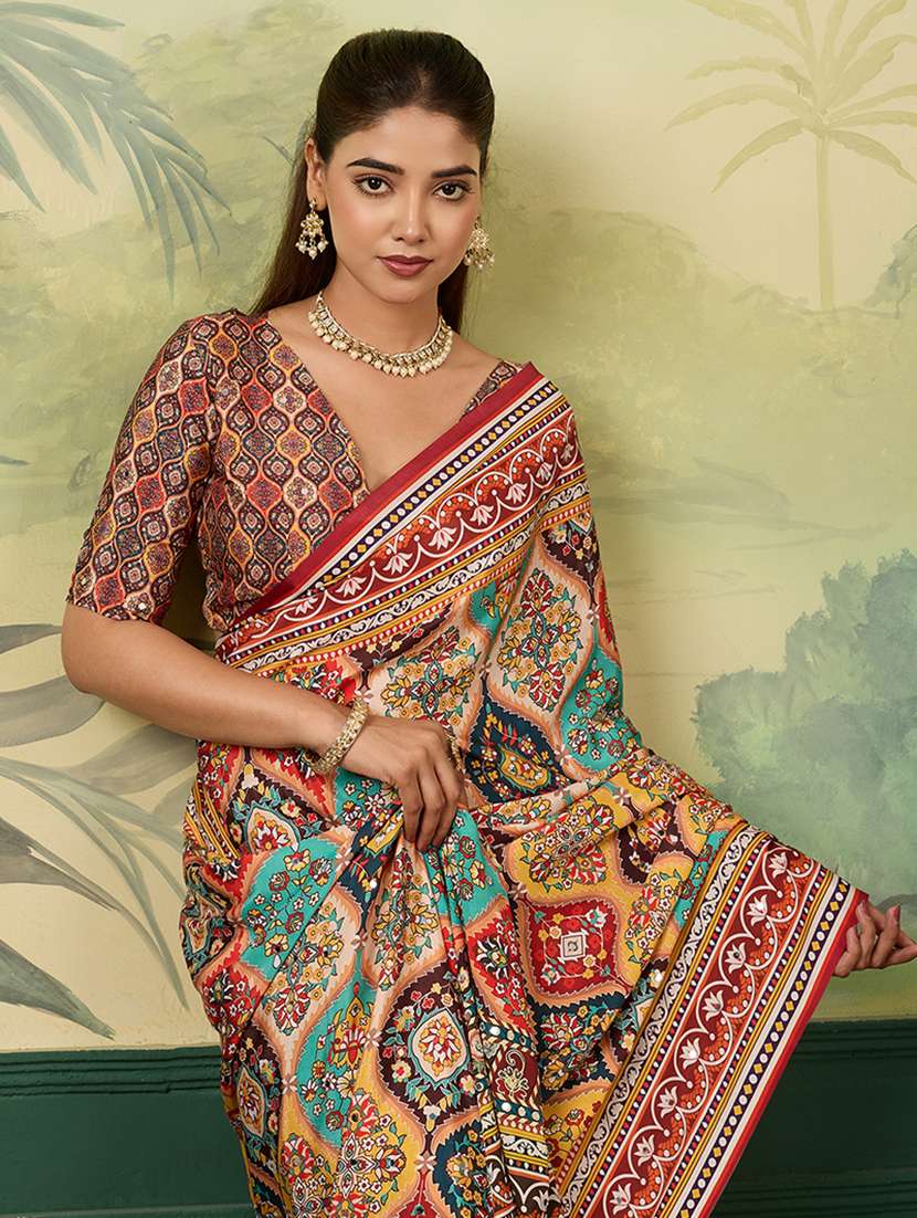 women printed mirror work saree with blouse - 22579260 -  Standard Image - 1