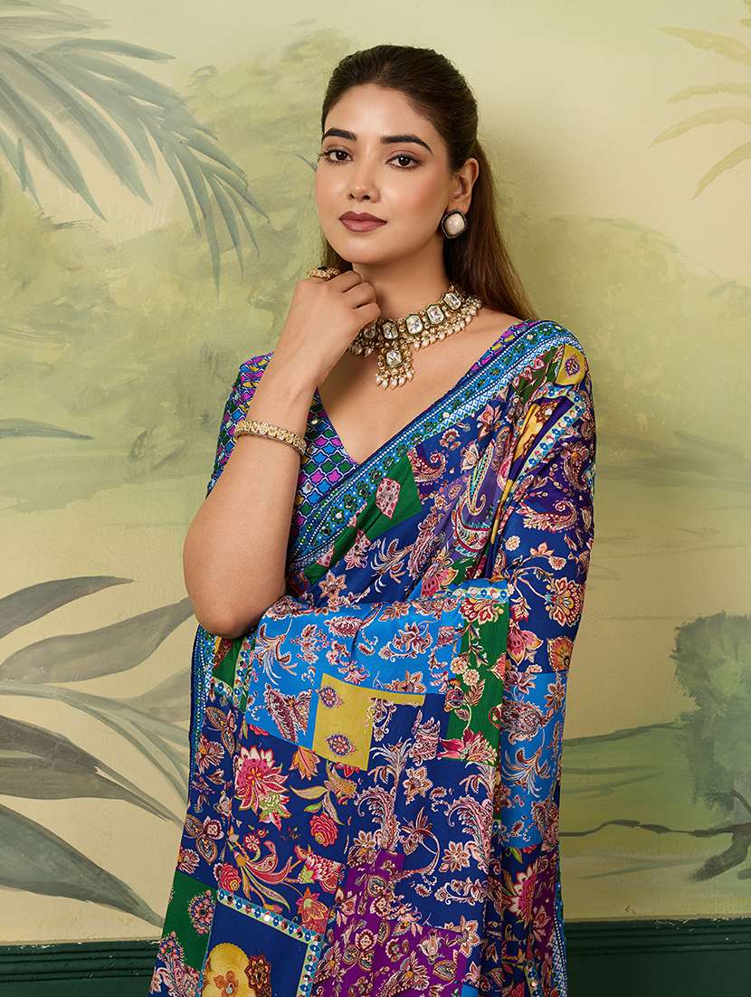 women printed mirror work saree with blouse - 22579263 -  Standard Image - 1