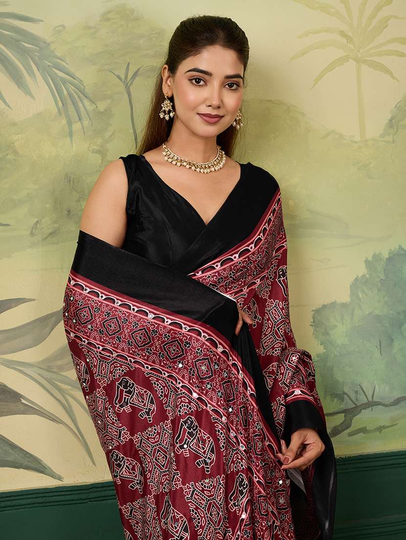 women printed mirror work saree with blouse - 22579264 -  Standard Image - 1