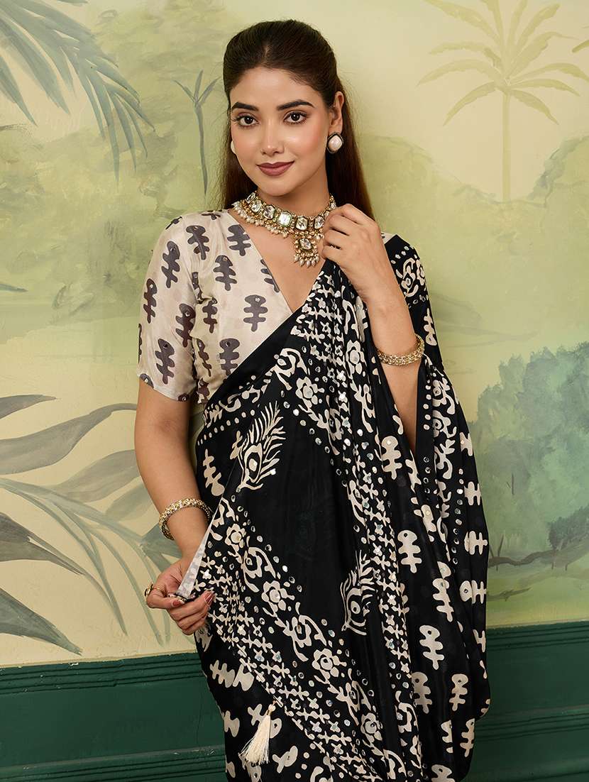 women printed mirror work saree with blouse - 22579265 -  Standard Image - 1