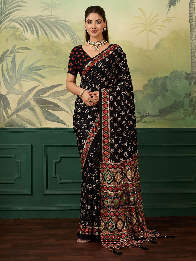 women printed mirror work saree with blouse