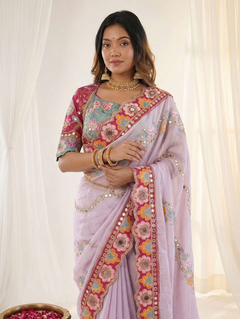 women solid with work embroidered saree with blouse - 22579307 -  Standard Image - 1
