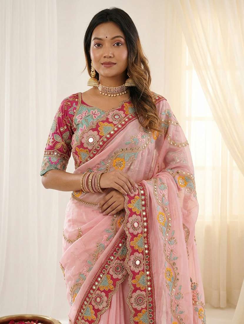 women solid with work embroidered saree with blouse - 22579312 -  Standard Image - 1