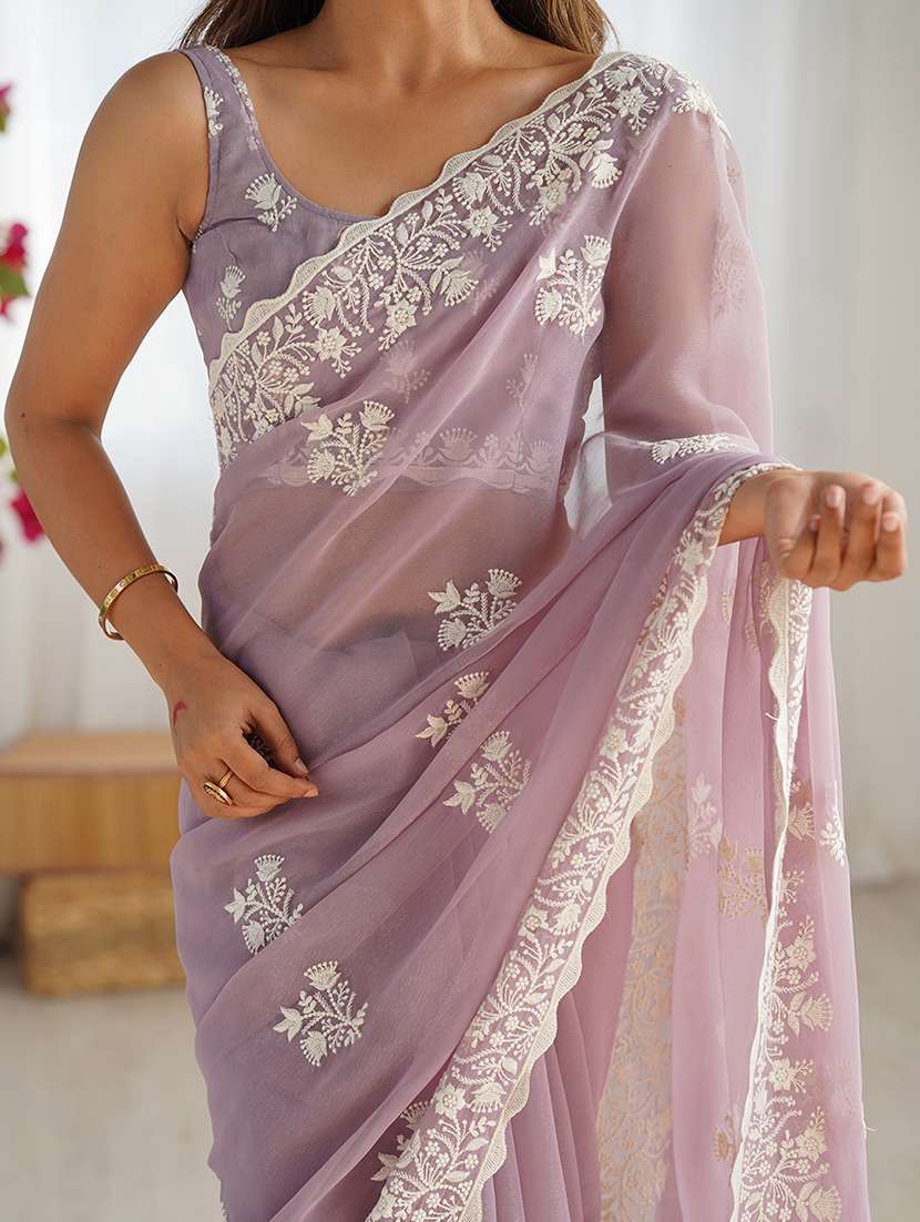 women solid with work embroidered saree with blouse - 22579342 -  Standard Image - 4