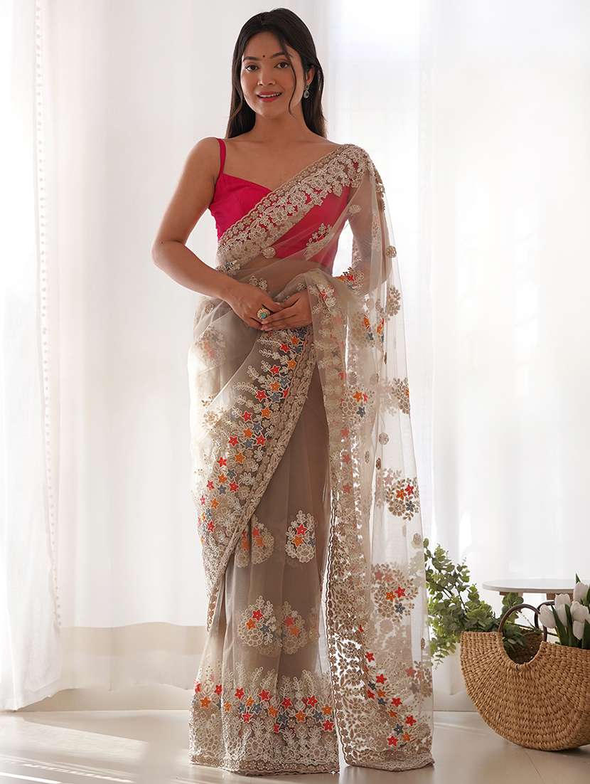 women solid with work embroidered saree with blouse