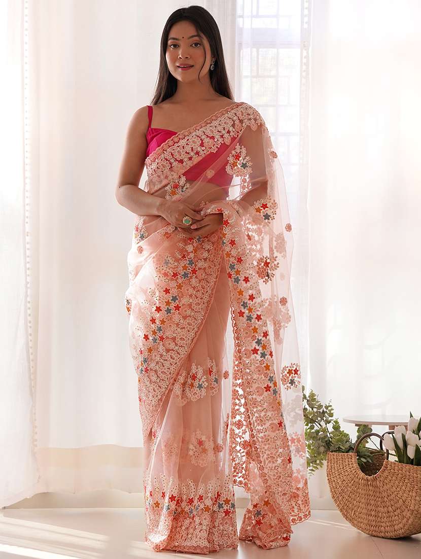 women solid with work embroidered saree with blouse
