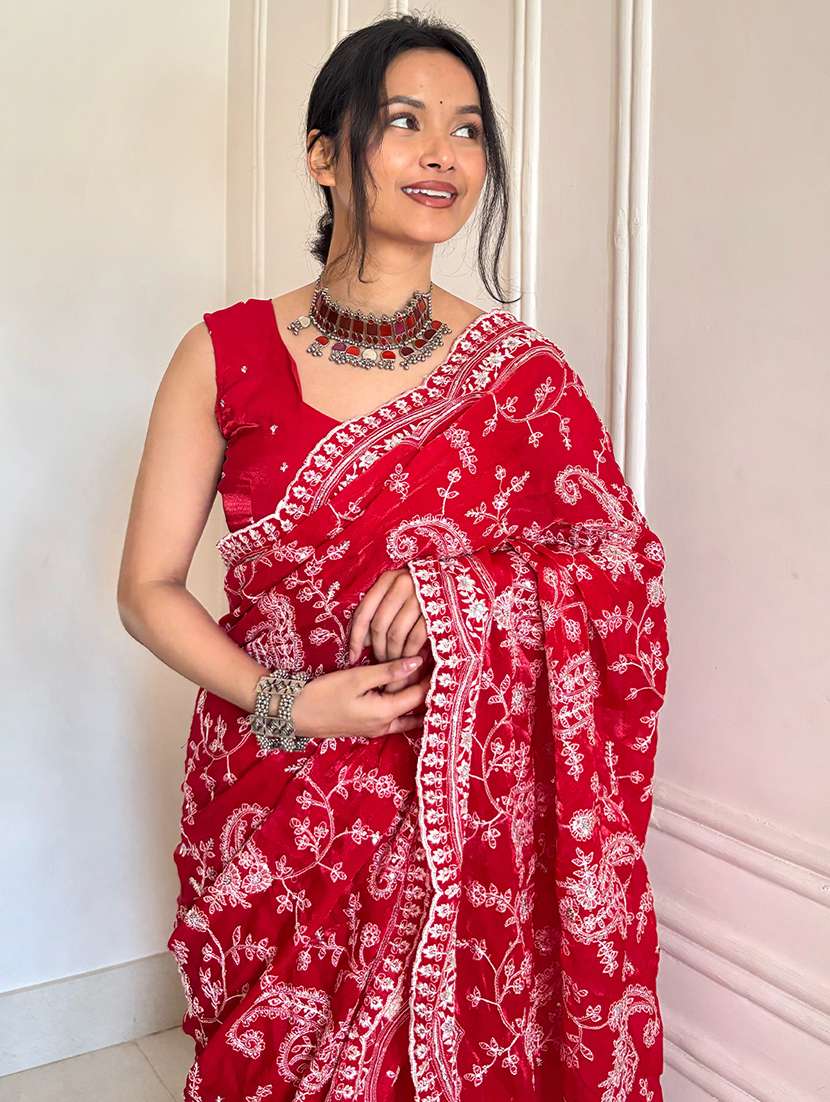 women solid with work embroidered saree with blouse - 22579358 -  Standard Image - 1