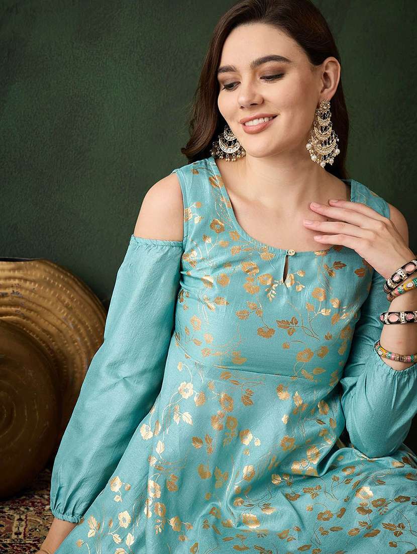 women foil printed cold shoulder anarkali kurta - 22579390 -  Standard Image - 1