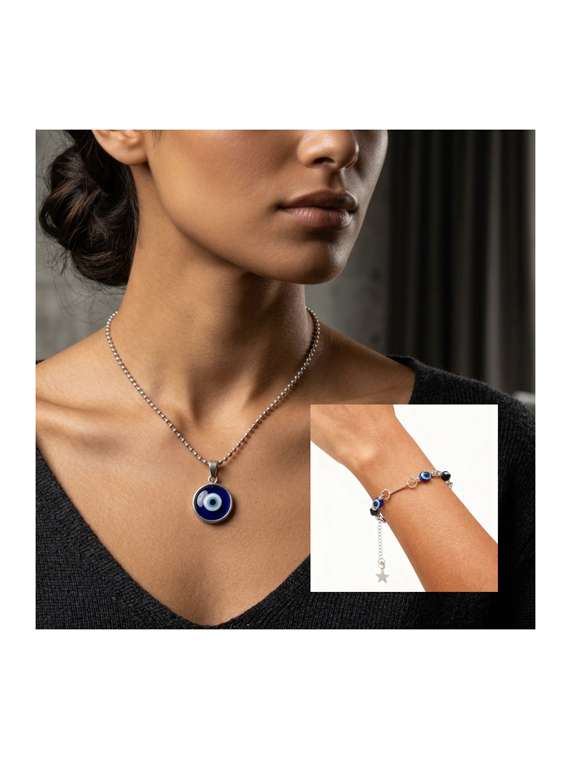 Silver Evil Eye Pendant Chain And Bracelet Combo - 22579409 -  Standard Image - 1