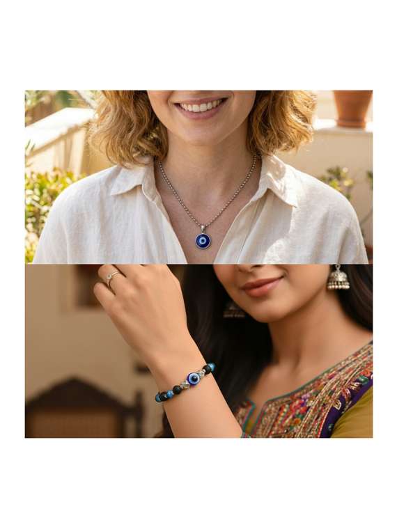 silver evil eye pendant chain and bracelet combo - 22579411 -  Standard Image - 1