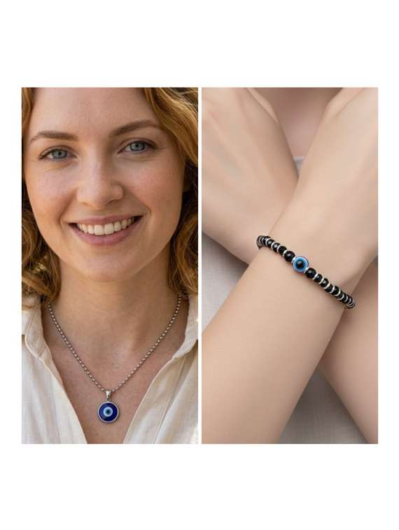 silver evil eye pendant chain and bracelet combo  - 22579413 -  Standard Image - 1