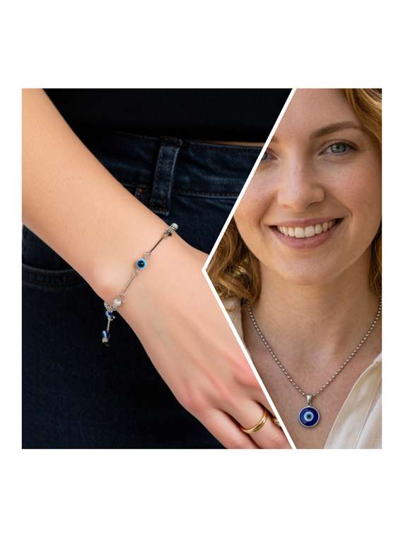 silver evil eye pendant chain and bracelet set - 22579419 -  Standard Image - 1