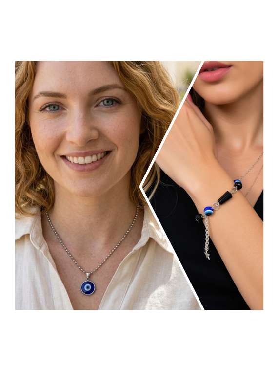 silver evil eye pendant chain and beaded bracelet combo - 22579421 -  Standard Image - 1