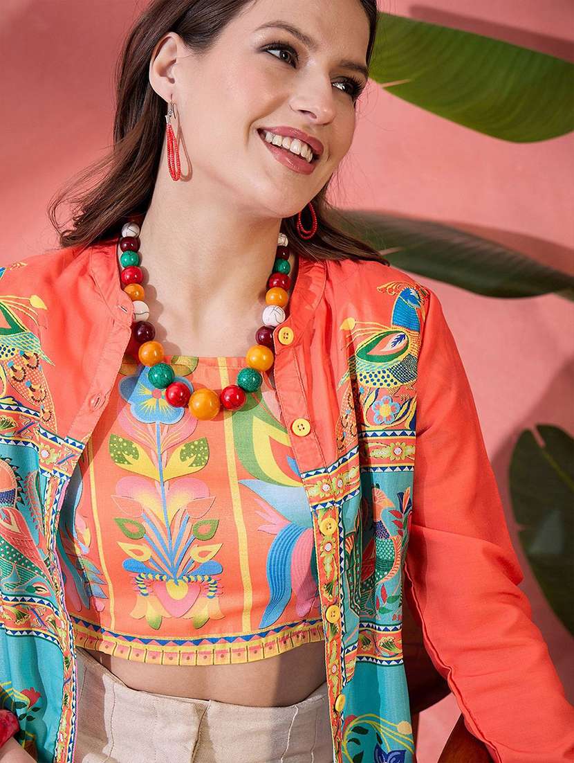 women printed long sleeves shirtt with crop top - 22579431 -  Standard Image - 1