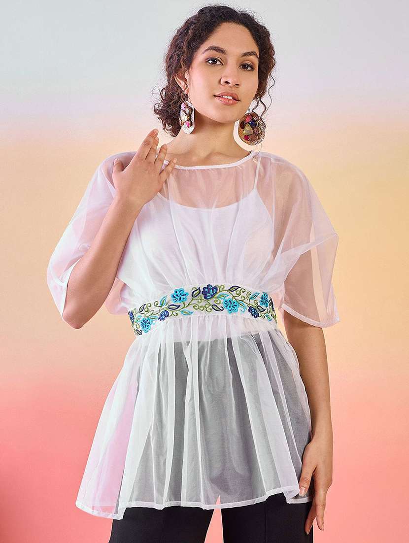 women embroidered kimono sleeves regular top