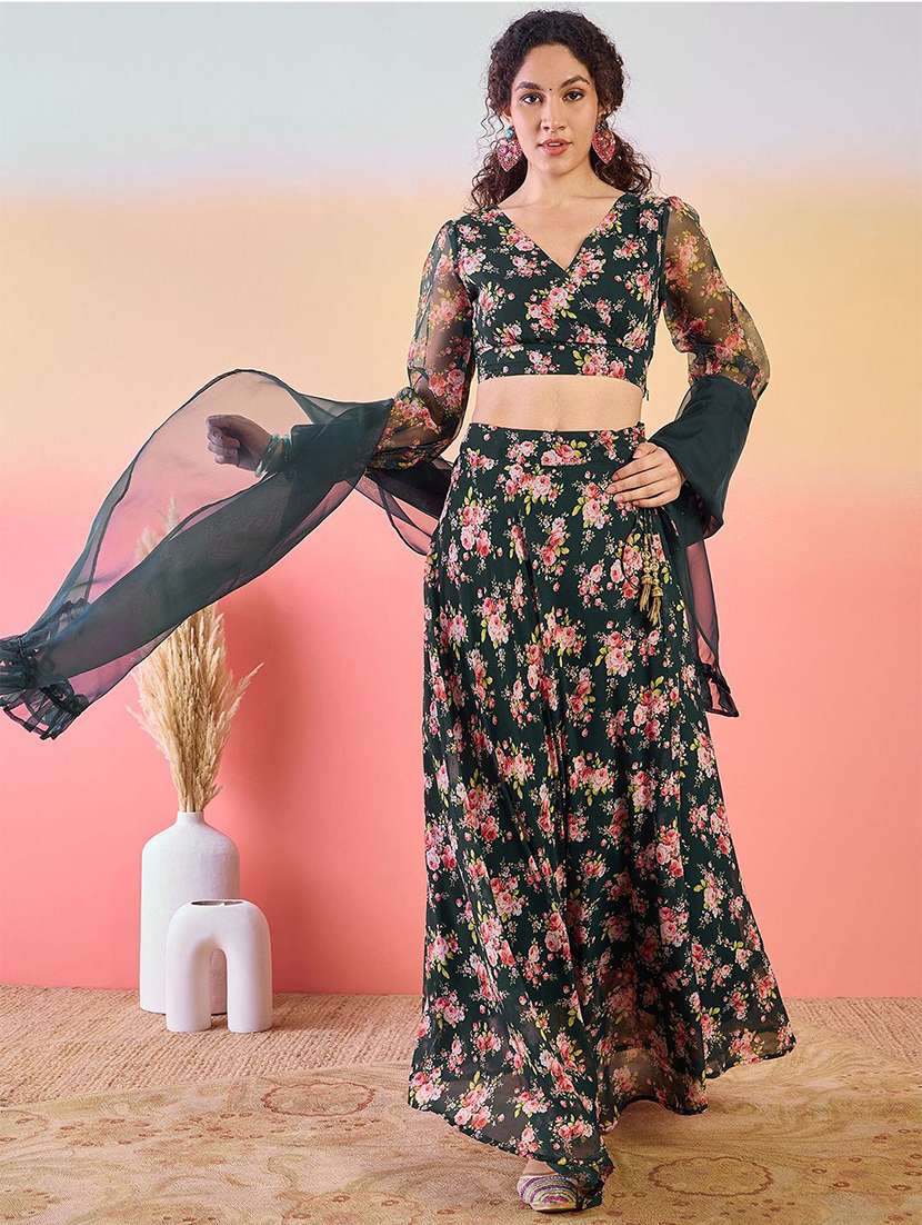 women printed long sleeves lehenga choli set