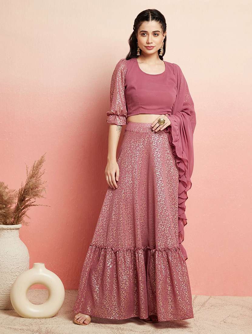 women printed three quarter sleeves lehenga choli set
