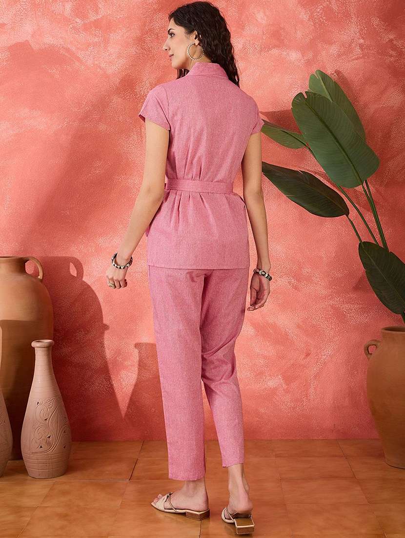 women solid short sleeves jacket and trouser co-ord set - 22579501 -  Standard Image - 4
