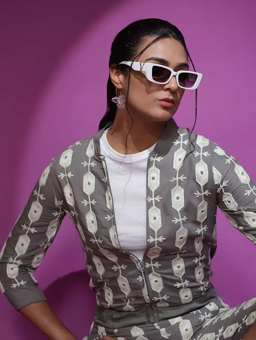 women printed three quarter sleeves jacket and trouser set - 22579509 -  Standard Image - 1
