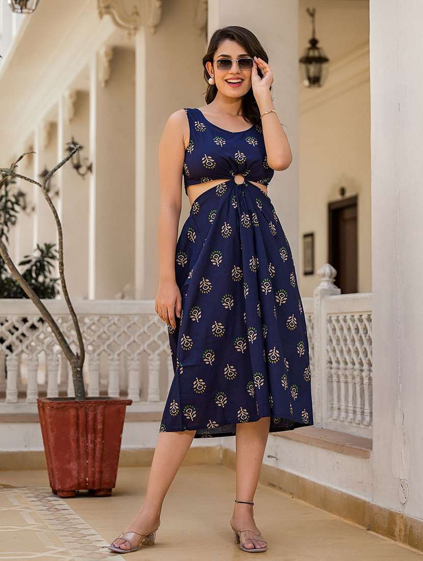 women printed sleeveless a-line dress