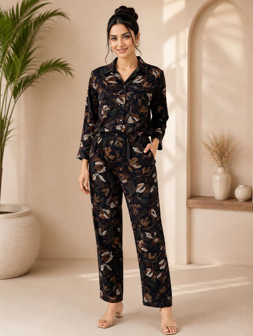 women printed long sleeve shirt & trouser co-ord set - 22579545 -  Standard Image - 1