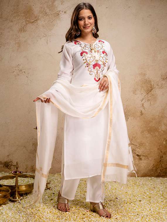 women embroidered three quarter sleeves kurta pant set with dupatta - 22579548 -  Standard Image - 1