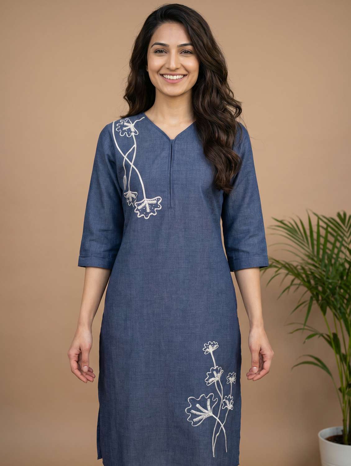 women embroidered three quarter sleeve straight kurta - 22579572 -  Standard Image - 1