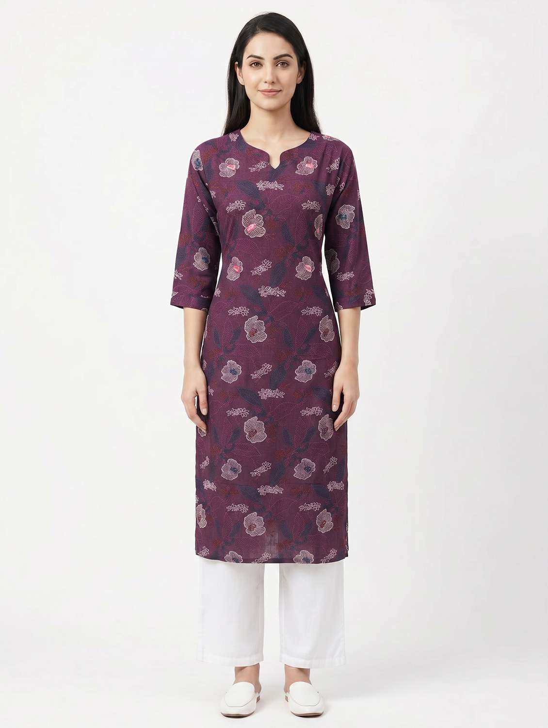 women embroidered three quarter sleeve straight kurta