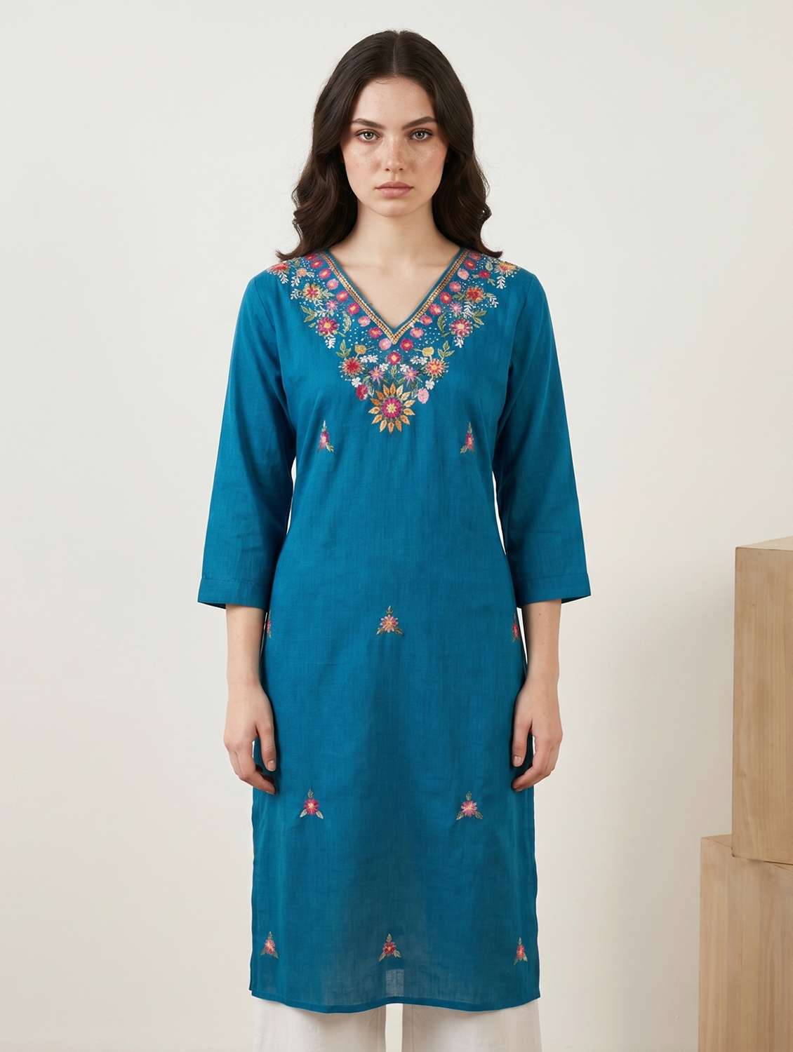 women embroidered three quarter sleeve straight kurta - 22579580 -  Standard Image - 1