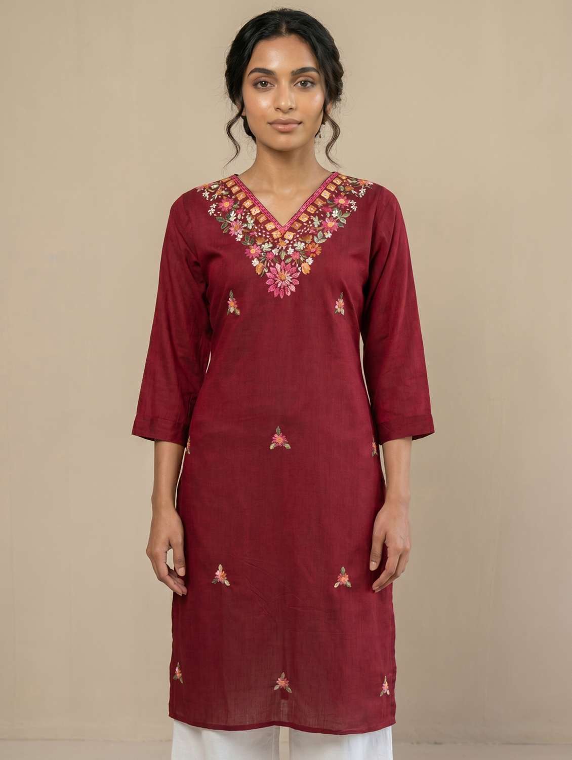 women embroidered three quarter sleeve straight kurta - 22579581 -  Standard Image - 1