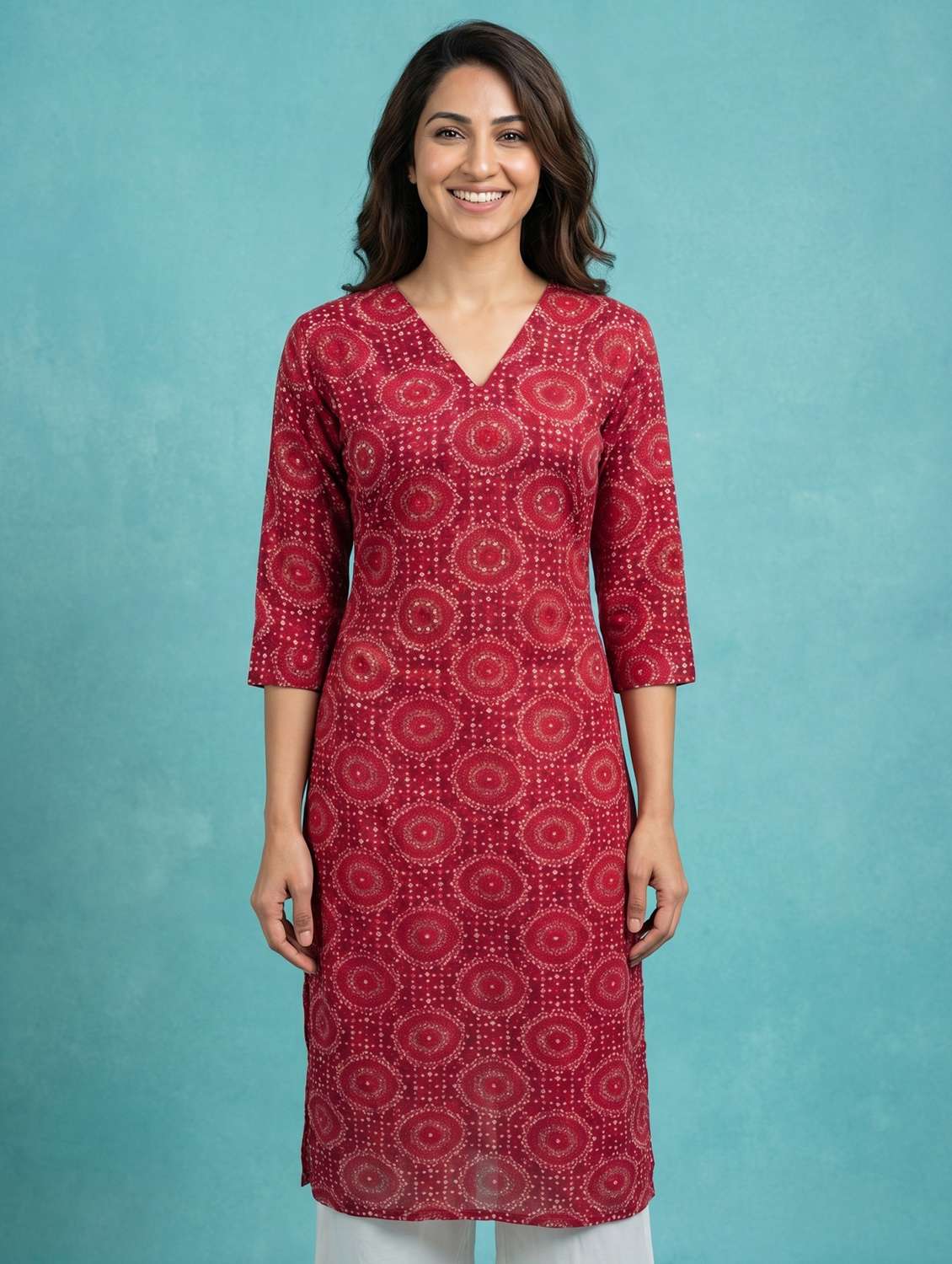 women bandhani three quarter sleeve straight kurta - 22579585 -  Standard Image - 1