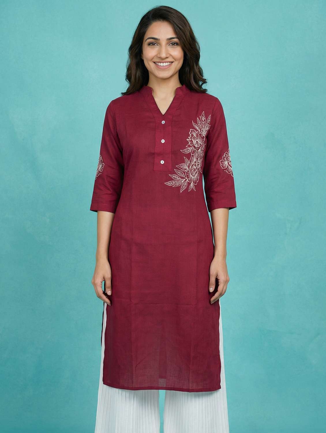 women embroidered three quarter sleeve straight kurta - 22579587 -  Standard Image - 1