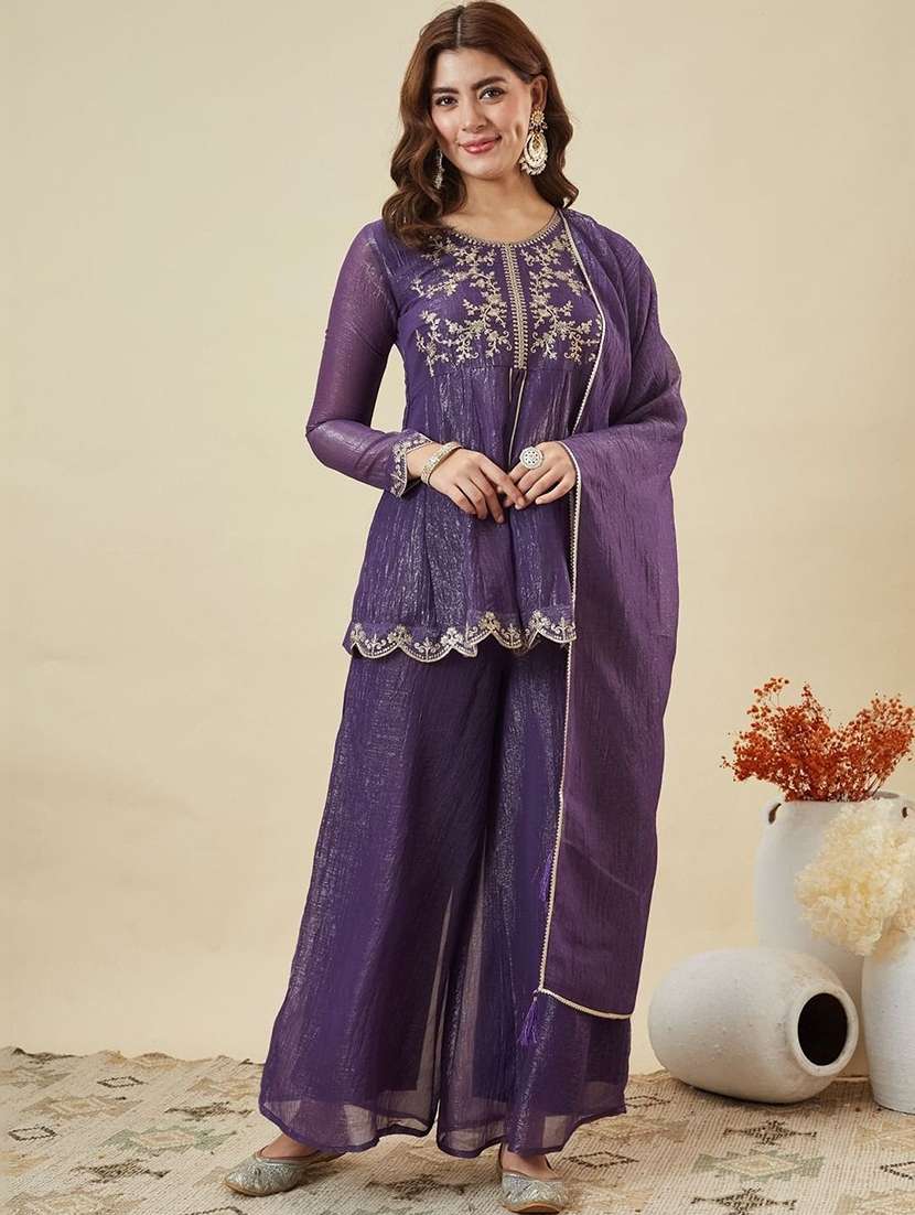 women embroidered long sleeves kurta palazzo set with dupatta