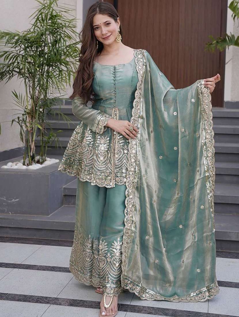 women embroidered long sleeves kurta palazzo set with dupatta