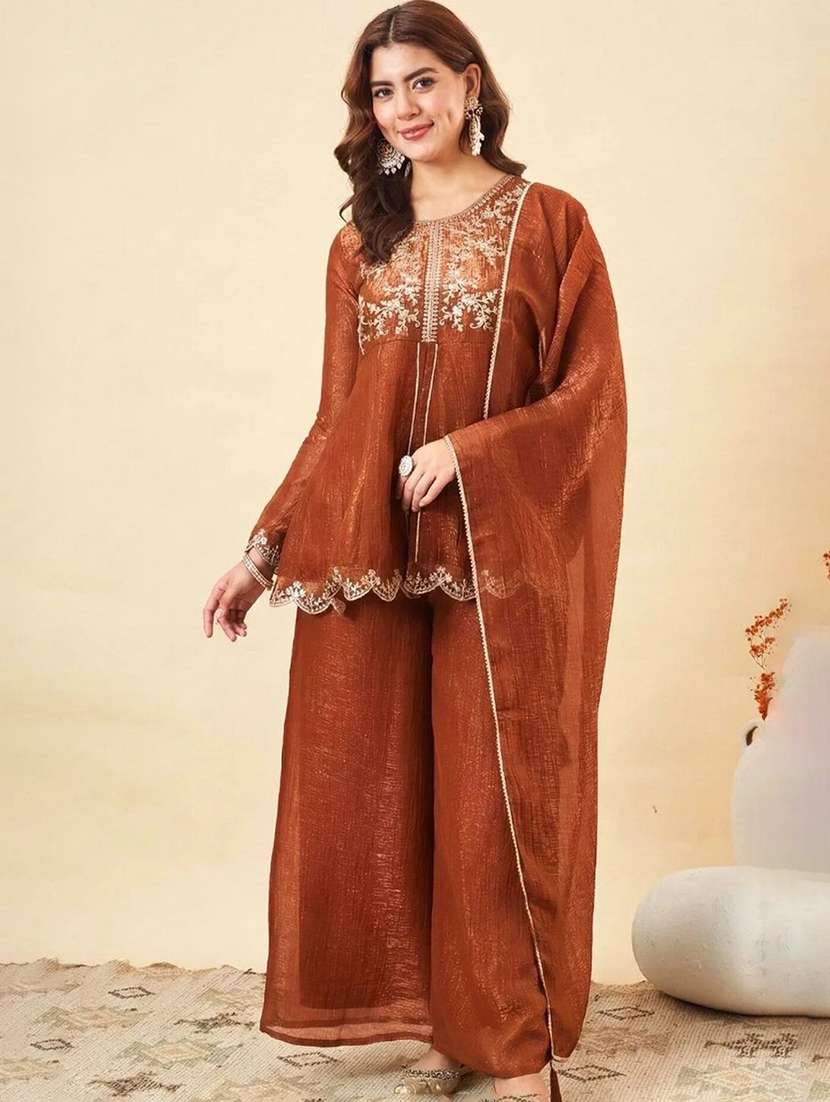 women embroidered long sleeves kurta palazzo set with dupatta