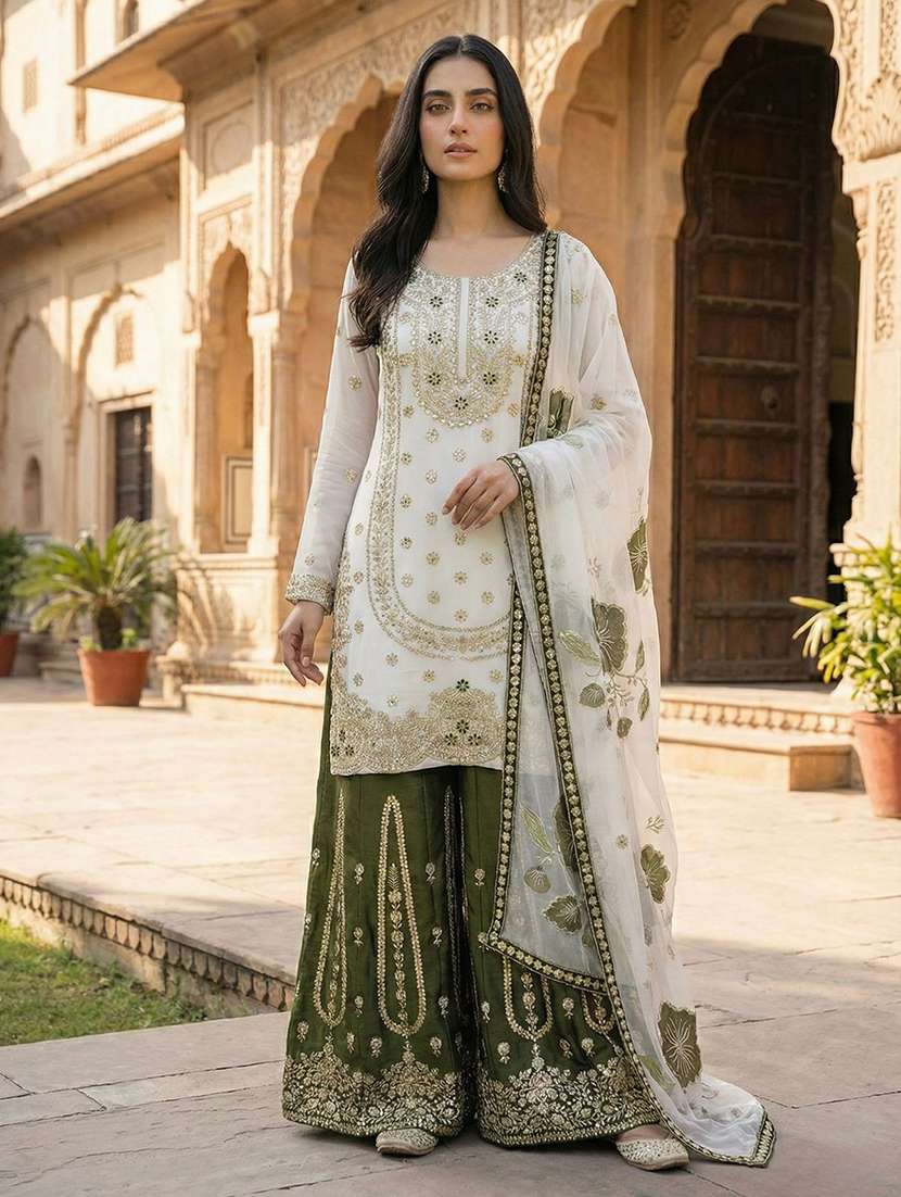 women embroidered long sleeves kurta sharara set with dupatta - 22579664 -  Standard Image - 1