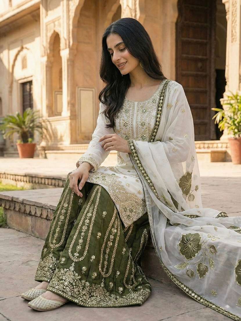 women embroidered long sleeves kurta sharara set with dupatta - 22579664 -  Standard Image - 4