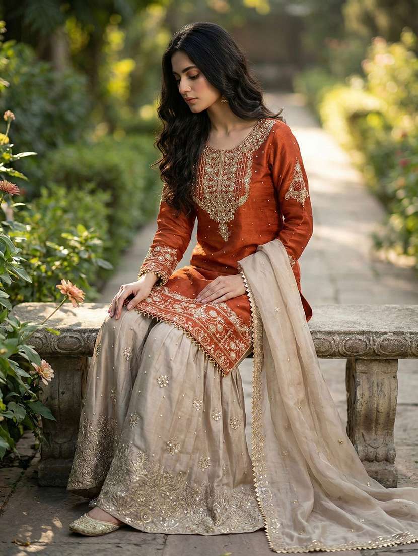 women embroidered long sleeves kurta sharara set with dupatta - 22579720 -  Standard Image - 1