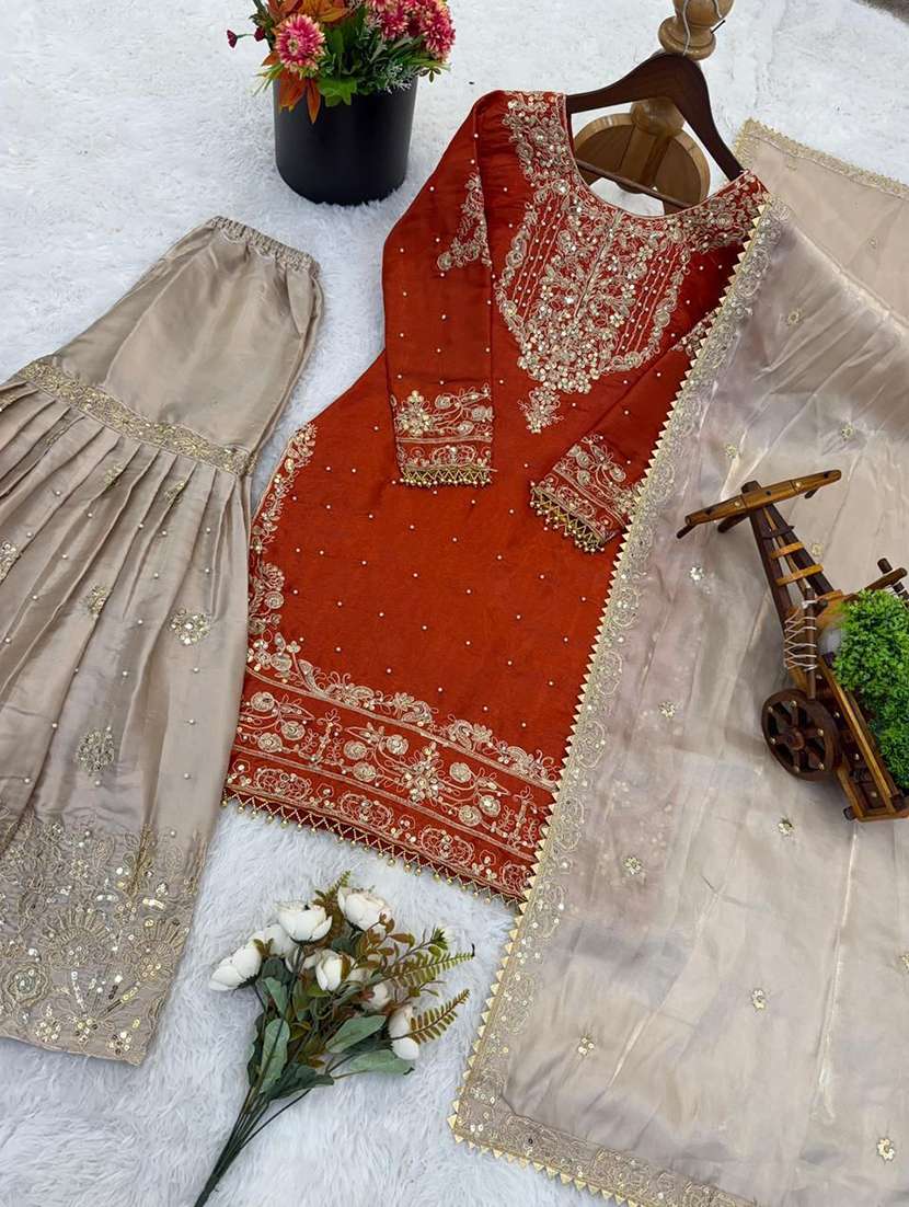 women embroidered long sleeves kurta sharara set with dupatta - 22579720 -  Standard Image - 4